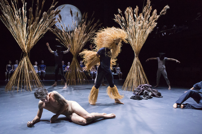 Dancers lay on the ground. Another dancer is costumed as the monster. They wear a raffia mask and around their legs.